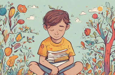 Illustration of a boy sat cross-legged with a pile of books on his lap