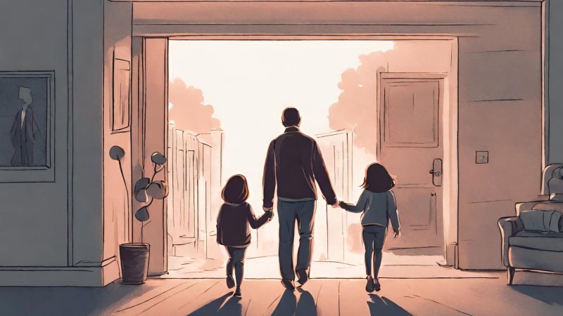illustration of a parent walking away from camera with their children