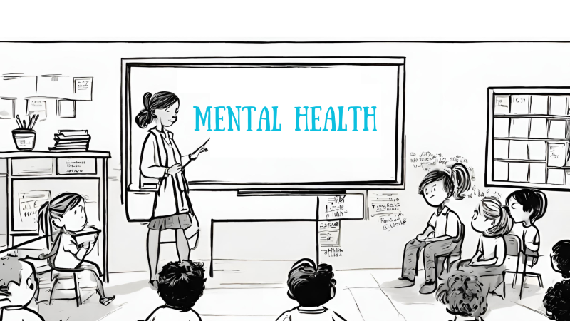 Teacher pointing at a whiteboard that says "mental health"